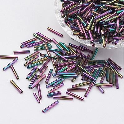 ガラス竹ビーズ  虹彩  カラフル  9x2mm  穴：0.5mm  約7000個/袋&nbsp;SEED-E001-9mm-83#-1