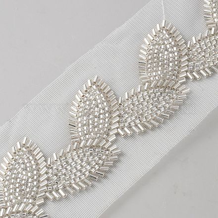 ガラス シードビーズ 葉 メッシュ 布 レース リボン  ホワイト  2-1/2インチ（65mm）&nbsp;DIY-WH0661-69A-1