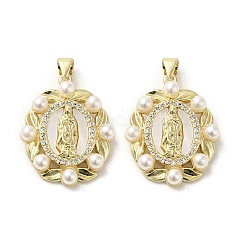 Brass Pave Shell Pendants, Religion Virgin Mary Charms with ABS Imitation Pearl, Real 18K Gold Plated, Oval, 25.5x20.5x4.5mm, Hole: 3.5x4mm