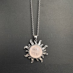 Natural Rose Quartz Sun Pendant Alloy Chain Vintage Necklaces, Platinum, 19.69 inch(50cm)