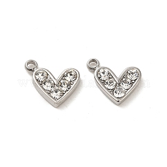 304 Stainless Steel Pendants, High Polished with Rhinestone, Heart Charms, Crystal, 9x10x2mm, Hole: 1.4mm