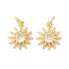 Brass Cubic Zirconia Charms, with Jump Ring, Long-Lasting Plated, Lead Free & Cadmium Free, Sun, Real 18K Gold Plated, 13.5x11.5x3.4mm