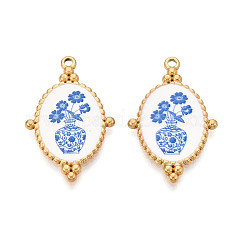 304 Stainless Steel Enamel Pendants, Oval with Flower Pattern Charms, Ion Plating(IP), Real 18K Gold Plated, Deep Sky Blue, 32x20mm