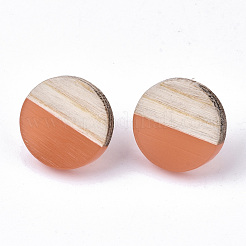 透明樹脂＆ウッドスタッドピアス  304ステンレスピン付き  フラットラウンド  サンゴ  15mm  ピン：0.7mm&nbsp;EJEW-N017-003A-D07