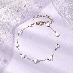 316ステンレススチールペーパークリップチェーンアンクレット  女性用スターナチュラルホワイトシェルビーズリンクアンクレット  18KGP本金メッキ  7-7/8インチ（20cm）&nbsp;AJEW-AN00620
