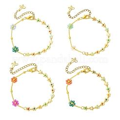 真鍮製コネクターブレスレット  女性用手作り真鍮エナメルリンクチェーン  花  ゴールドカラー  ミックスカラー  9.65インチ（24.5cm）&nbsp;BJEW-JB13752