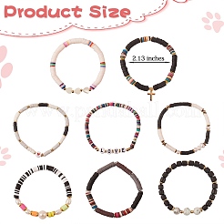 8個8スタイルポリマークレイヘイシ＆ナチュラルパール＆ナチュラルシーシェルビーズストレッチブレスレットセットガールズウィメン  ラブ＆ハートワードブレスレット  天然セサミジャスパー/キウイジャスパービーズブレスレット  分厚いチューブビーズブレスレット  ミックスカラー  内径：2-1/8~2-3/8インチ（5.4~6.1cm）  1個/スタイル&nbsp;BJEW-SZ0001-82