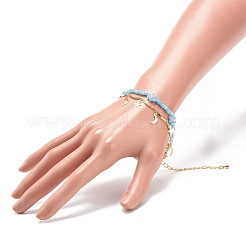 Brass Moon and Star Charms & Seed Flower Double Layer Multi-strand Bracelet for Women&nbsp;BJEW-JB08849