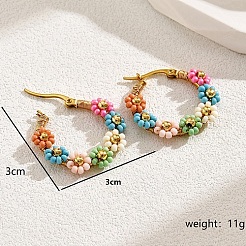 花のガーランド編みビーズ201ステンレススチールフープピアス  女性のための本物の 18 k ゴールド メッキ ジュエリー  カラフル  30x30mm&nbsp;IF8557-02