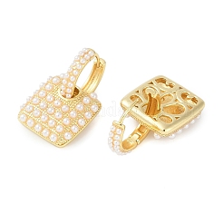 本物の18Kゴールドメッキのバロック真鍮フープピアス（女性用）  プラスチックパール付き  正方形  29x17mm&nbsp;EJEW-S232-02G-01