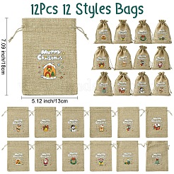 12Pcs 12 Styles Christmas Printed Burlap Packing Pouches Drawstring Bags&nbsp;ABAG-FS0001-03B