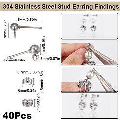 304ステンレススチールボールポストスタッドピアス金具40個  水平ループと316サージカルステンレススチールピン付き  201ステンレススチール製イヤーナット40個付き  ステンレス鋼色  15x7x4mm  穴：1.8mm  ピン：0.7mm&nbsp;STAS-SC0005-26