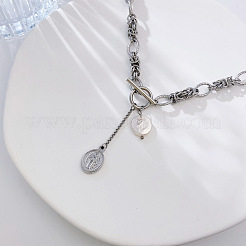 Stainless Steel Oval Virgin Mary & Flat Round Baroque Natural Freshwater Pearl Pendant Necklaces&nbsp;FS-WG7A760-01