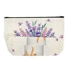 ラベンダー柄のリネン製収納ジッパー付きクラッチバッグ  化粧バッグ  長方形  ライラック  花  161x256x3mm  展開：161x256x78mm&nbsp;ABAG-Z002-02A