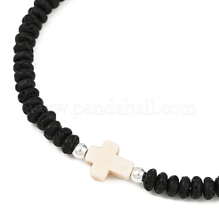 Natural Lava Rock Rondelle & Synthetic Turquoise Cross Beads Stretch Bracelets for Men&nbsp;BJEW-JB12054-02