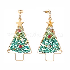 Shell Pearl & Glass Braided Christmas Tree Dangle Stud Earrings&nbsp;EJEW-TA00090
