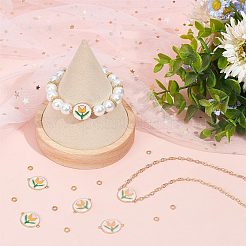 真鍮製カラフルエナメルコネクターチャーム6個  長持ちメッキ  鉄製スプリットリング6個付き。  フラワーリンク付きフラットラウンド  18KGP本金メッキ  リンクコネクター：15x20x1.7mm  穴：1.2mm  リング：4x14mm  内径: 3.3mm&nbsp;FIND-CN0001-24