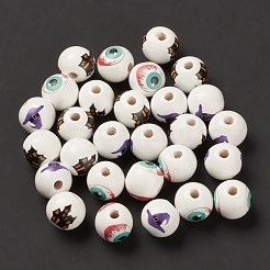 ハロウィンプリントウッドヨーロピアンビーズ  大穴ビーズ  ラウンド  ホワイト  15.5~16x14.5mm  穴：4mm&nbsp;WOOD-K008-05
