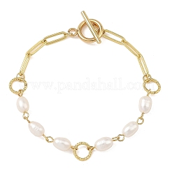 Natural Cultured Freshwater Pearl Rice Brass Paperclip Chain Bracelets with OT Clasps for Women&nbsp;BJEW-JB14331
