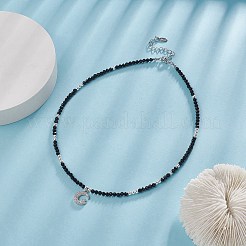 Clear Cubic Zirconia Moon Pendant Necklace with Natural Black Onyx Beaded Chains for Women&nbsp;NJEW-JN04271-01