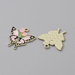 合金ペンダント  エナメル  花のチャームが付いた蝶  ライトゴールド  ブラック  25x23x1.5mm  穴：1.8mm&nbsp;ENAM-CJC0013-11C