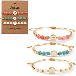 3Pcs Minimalist Adjustable Synthetic Turquoise & Watermelon Stone Glass & Natural Shell Beads Braided Bead Bracelets&nbsp;SR5600-5