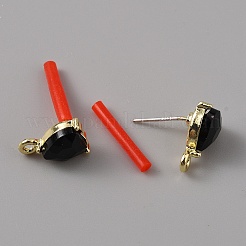 合金ラインストーンスタンドピアス  スターリングシルバーのピン925本と水平ループ付き  ハート  ジェット  13x9mm  穴：1.6mm  ピン：0.8mm&nbsp;FIND-WH0120-25B-02