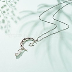 Natural White Jade Bullet with Alloy Moon and Star Pendant Necklace&nbsp;NJEW-JN03912-01