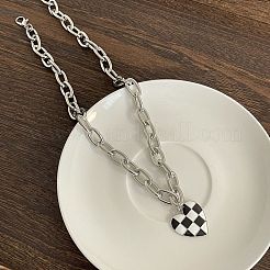 女性用黒と白のチェック柄ハート合金エナメルペンダントネックレス  プラチナ  17.72インチ（45cm）&nbsp;FS-WGFAE52-01