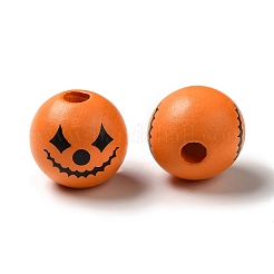 プリントラウンドウッドヨーロピアンビーズ  ハロウィンテーマの大穴ビーズ  モンスターの顔  オレンジ  16mm  穴：4mm&nbsp;WOOD-M006-04