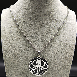 201 Stainless Steel Black Enamel Flat Round with Octopus Pendant Necklaces&nbsp;NJEW-K283-31P