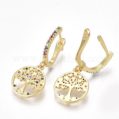 真鍮マイクロパヴェキュービックジルコニアダングルフープピアス  命の木とフラットラウンド  ゴールドカラー  33.5mm  ピン：2x0.8mm&nbsp;EJEW-S201-70
