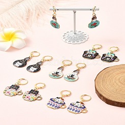 Cat 合金エナメルペンダントロッキングステッチマーカー  304ステンレススチールフレンチフックピアス金具付き  ミックスカラー  4~4.4cm  12個/セット&nbsp;HJEW-YW00021