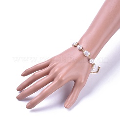 プラスチックイミテーションパールビーズブレスレット  真鍮パーツ  ゴールドカラー  ホワイト  7-1/2インチ（19.2cm）&nbsp;X-BJEW-JB04549