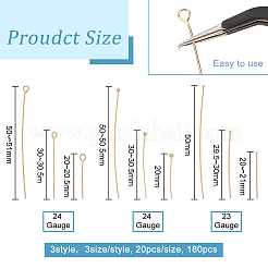 180個9スタイルの真鍮アイピン、ボールヘッド、フラットヘッドピン  ゴールドカラー  20~51x2.7~3x0.45~0.5mm  23~24ゲージ  穴：1.6~1.8mm  20個/スタイル&nbsp;KK-BC0009-18
