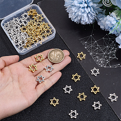 60個2色ラックメッキ合金ビーズ  ダビデの星  アンティークシルバー＆ゴールデン  14x13x2.5mm  穴：1.2mm  30個/カラー&nbsp;FIND-ME0001-15