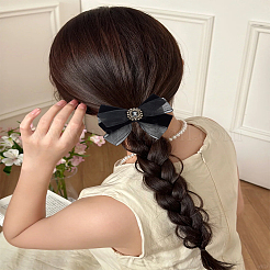 リボン結びポリエステルヘアバレッタ2個  リボン結びのポリエステルヘアタイ2個付き  女性の女の子のために  ブラック  60x115x30mmと55x110mm&nbsp;OHAR-LP0004-43