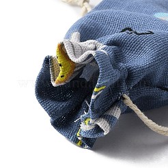 綿と麻の巾着ギフトバッグ  花模様の長方形  ブルー  14x9.7~9.8x0.15~0.3cm&nbsp;LS-ABAG-TAC0006-07B
