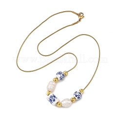 Natural Pearl Rice & Handmade Chinoiserie Floral Printed Porcelain Beaded Necklaces with Brass Round Snake Chains for Women&nbsp;NJEW-JN06400