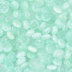 ガラスシードビーズ  模造キャットアイビーズ  ロンデル  アクアマリン  6x3mm  穴：1mm  約2500個/ポンド&nbsp;SEED-T007-17L
