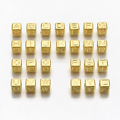 CCBプラスチックビーズ  水平穴  文字付きのキューブ  ゴールドカラー  7x7x7mm  穴：3.5mm  約2000個/500g&nbsp;CCB-N004-001A-G