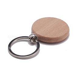 ブナ材キーホルダー  プラチナメッキ鉄スプリットキーリング付き  フラットラウンド  キャメル  7.5x4cm&nbsp;KEYC-WH0004-10