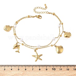 Summer Beach 304 Stainless Steel & Plastic Pearl Charm Double Layer Anklets for Women&nbsp;AJEW-K054-04B-G