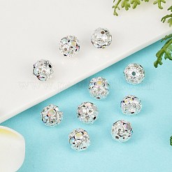 真鍮製のラインストーンビーズ  グレードA  銀色のメッキ  ラウンド  クリスタルAB  8mm  穴：1mm&nbsp;RB-A011-8mm-28S