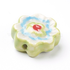 手作り磁器の花のビーズ連売り  手描きの陶器ビーズ  グリーン  16~17x16~17x6~6.5mm  穴：2mm  約20個/連  12.99インチ（33cm）&nbsp;PORC-J008-04C