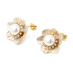 真鍮マイクロパヴェジルコニアエナメルスタッドピアス  花  absプラスチックパール  カドミウムフリー＆鉛フリー  ラックめっき  長持ちメッキ  ゴールドカラー  17.5x19.5mm&nbsp;CU-CBABA66-12B-G