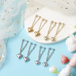チェーンチャーム付きハート真鍮イヤリング  合金ペンダントと304ステンレススチールボールポストスタッドピアス金具付き  ゴールデン·ステンレス鋼色  50~52x13.5mm  4のペア/セット&nbsp;EJEW-JE06115
