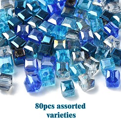 80個5色電気メッキガラスビーズ  ABカラーメッキ  多面カット  キューブ  ミックスカラー  4~5x4~5x4~5mm  穴：1mm  16個/カラー&nbsp;EGLA-YW0001-78