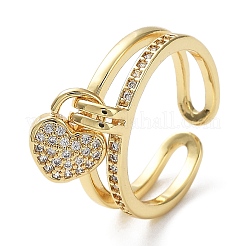 Cubic Zirconia Heart Charms Open Cuff Rings&nbsp;RJEW-M154-02G