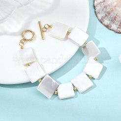 女性用シェルパール＆真鍮ビーズブレスレット  正方形  7.56インチ（19.2cm）  ビーズ：13.5~15x13.5~15mm&nbsp;BJEW-JB13780-02